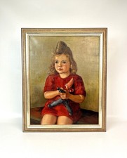 ANTIKES MÄDCHEN IM ROTEN KLEID MIT PUPPE SPIELZEUG ÖLGEMÄLDE SIGNIERT KRUPP GERMANY 1945