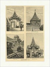 Birma Bauten in Mandalay Sänfte Pagode original Holzstich SUPERPREIS X 1835