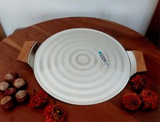 Runde Seibel Kleeblatt Tortenplatte Edelstahl mit Holzgriffen 60er mcm Design