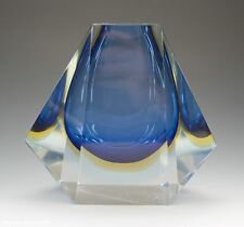 Kantige GLASVASE vermutlich MURANO in BLAU/GELB um 1955