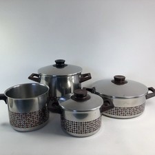 4-tlg. WMF Topf-Set Kochtopf Milchtopf vintage Punkte braun 70er Jahre Cromargan