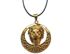 Leder Halskette 40 - 75cm mit Löwenkopf Anhänger Ø 51mm in Gold (1559L)