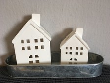Teelicht Häuser Lichthaus Keramik Weiss m.Zinktablett Winter Deko Fenster Advent