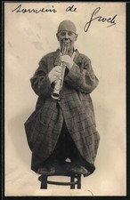 Ansichtskarte Clown Grock mit Klarinette, Autograph 