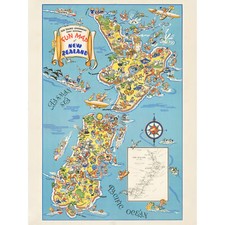 1938 Bildkarte Fun Map Of New Zealand XL Wandbild Leinwanddruck