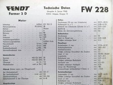original Fendt Farmer 2 D Typ FW 228 Technische Daten Datenblatt 1962