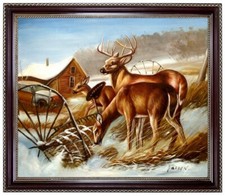 Ölbild Hirsch, Rehe im Schnee