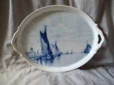 Hutschenreuther Jugendstil Tablett kobalt blau unter Glasur Hafenszene Schiffe