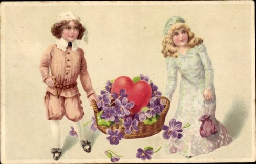 Zwei kinder mit blumenkorb - kinder,