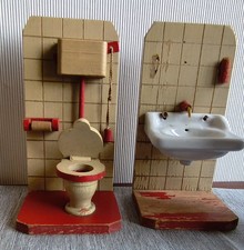 Puppenstube Puppen-möbel alt antik  Bad Toilette Badeofen Herd +  Wohnung Möbel
