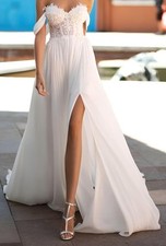 Brautkleid Gr. 40 Chiffon Spitze elfenbein Carmen Ärmel neu kleine Schleppe