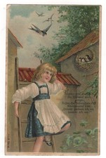 AK Kinder, Prägekarte, Mädchen auf Leiter schaut ins Schwalbennest