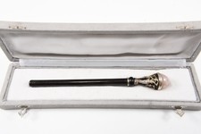 N92M26- Art Nouveau Schirmgriff mit Silber Montierung & Rosenquarz 19.Jh in Box