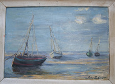 Ölgemälde,  Impressionist, Segelschiffe am Strand, Ecole Belge, Jules Dubois