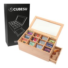 Premium Holz Teebox 12 Fächer mit Sichtfenster & Schublade Teebeutelbox Teekiste