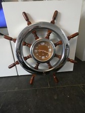 18110/ Wanduhr ECS electronic Steuerrad Ø ca. 65 cm Holz + Metall 1960er70er J.