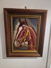 Gobelin Stickbild mit Pferd  31x25 im Echtholzrahmen Eiche !