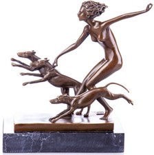 Art Deco Figur Bronze Diana Windhund Artemis Skulptur nackte Göttin signiert