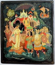 Original alte russische Lackdose «Schwanen-Zarewna», Choluj, 1983, signiert.