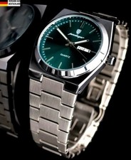 Schicke Herren Armband Uhr Grün Silber Farben Herrenuhr mit Tag/Datumsanzeige