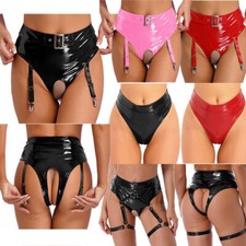 DE Damen Wetlook Slips String mit Strumpfband Lackleder Höschen Panties Dessous 