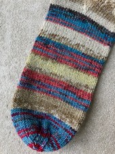 Socken Wolle handgestrickt Gr. 38 blau braunbeigeecru rosa gstreift Lurex silber