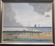 ::ÖLGEMÄLDE SIGN. UDDENBERG 1942 MEERLANDSCHAFT MIT BOOTEN & STRAND