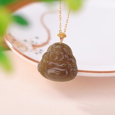 F02 Anhänger Maitreya Buddha lachend dunkle Jade Silber 925 vergoldet