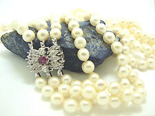 Dreireihige Perlkette mit Weißgold Brillant Rubinschloss 750 Gold