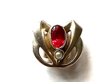 Jugendstil Kettenschieber, roter, ovaler Stein und Perle, silberfarbenes Metall