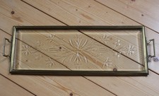 Tablett 51x17cm Kuchenplatte Glas geschliffen alt Messing Rahmen Henkel