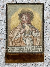 Heiligenbild Andachtsbild Herz Jesus gestickt Stickerei Antik 19. Jhd.