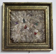 MOSAIK Stein BILD  Selenit Amazonit Amethyst Minerale Struktur Rahmen goldfarben