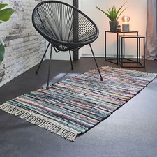 Fleckerl Teppich Multi handgewebter Flickenteppich Fransen Bunt Baumwolle Boho