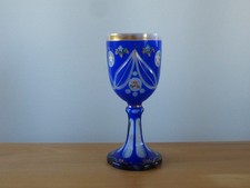 Alter Überfang Glaskelch um 1900 Pokal Kobaltblau Glas geschliffen emailbemalt