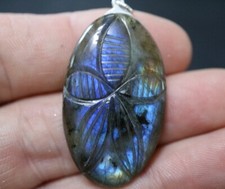 GJ69 GJA ANHÄNGER * LABRADORIT OVAL GRAVIERT * BLUME BLUE 925 SILbER+KETTE / LED