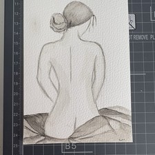 Handgemalt Aquarell Karte Bild A6 Gemälde Akt Aktbild Rücken Frau Schwarz Weiß