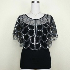 Damen Pailletten Bolero Schulterjacke Umhang Schier Spitze Schal Abend Ballkleid