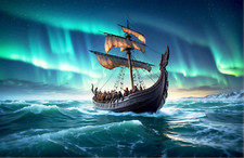 Wikinger Drachenboot auf See mit Nordlichtern und Bergen - Nordisches Wandbild