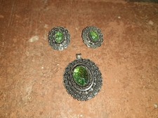 Traumhafte Art Deco Brosche Anhänger Clip Ohrringe Set .835 Silber alt antik