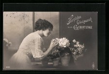 Foto-AK PFB: Frau mit Blumentöpfen, Geburtstagsgruß 1912 