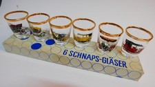 6x Goldrand Schnapsgläser Ruhrglas 50/60er, Automobile Oldtimer Ford Morris OVP!