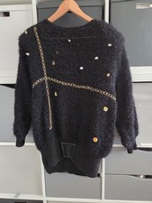 ​Vintage 80er/90er Pullover Schwarz L/XL, Fransengarn mit Goldfarbenen Elementen