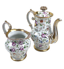 Kaffeekanne Milchkanne Porzellan Blumen Gold Malerei E. 19. Jh.