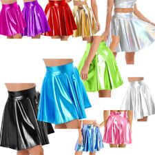 DE Damen Metallic Glänzend Wetlook Hohe Taille Skaterrock Party Karneval Kostüm