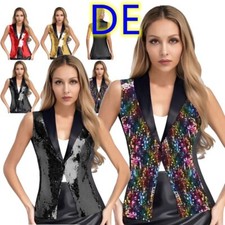 DE Damen Glitzer Weste Ärmellos V-Ausschnitt Pailletten Jacke Club Gilet Top