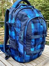 satch ergonomischer unisex schulrucksack blau kariert gebraucht aber ok