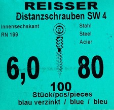 Reisser Distanzschrauben SW 4 Innensechskant 6,0 x 80 VPE 100 Stück Stahl Blau V