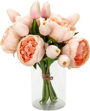 Kunstblumen Strauß "Pfingstrosen & Tulpen" Rosétönen inkl. Vase 30,5 cm B-WARE