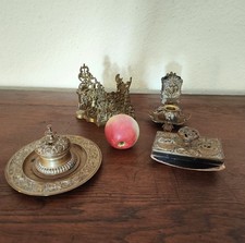 Gründerzeit Schreibtisch Garnitur Set Engel Löwen Verzierungen Messing/Bronze